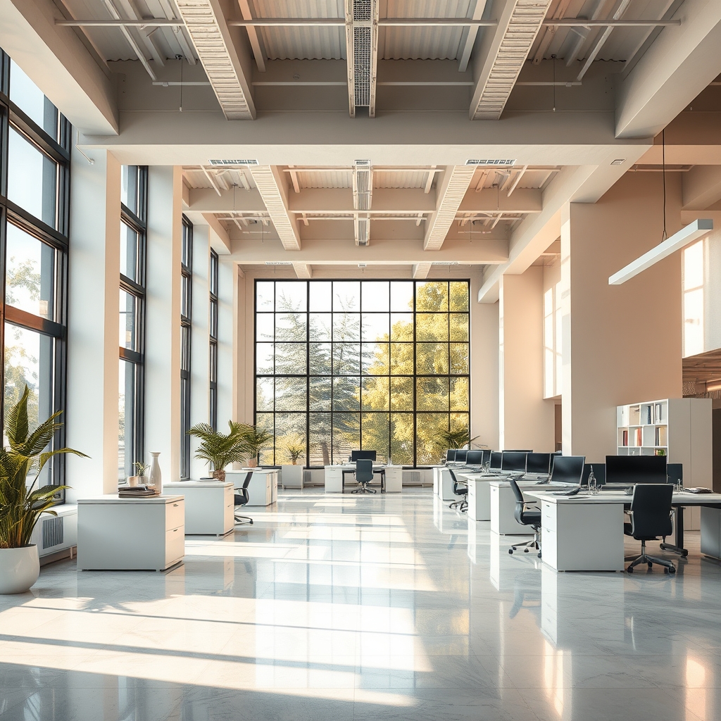 Современный светлый офис с открытым пространством, белыми столами и большими окнами