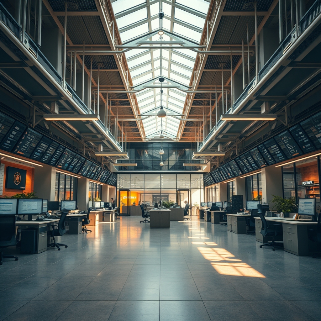 Светлый офисный интерьер с рядами компьютеров и большим экраном с данными на стене