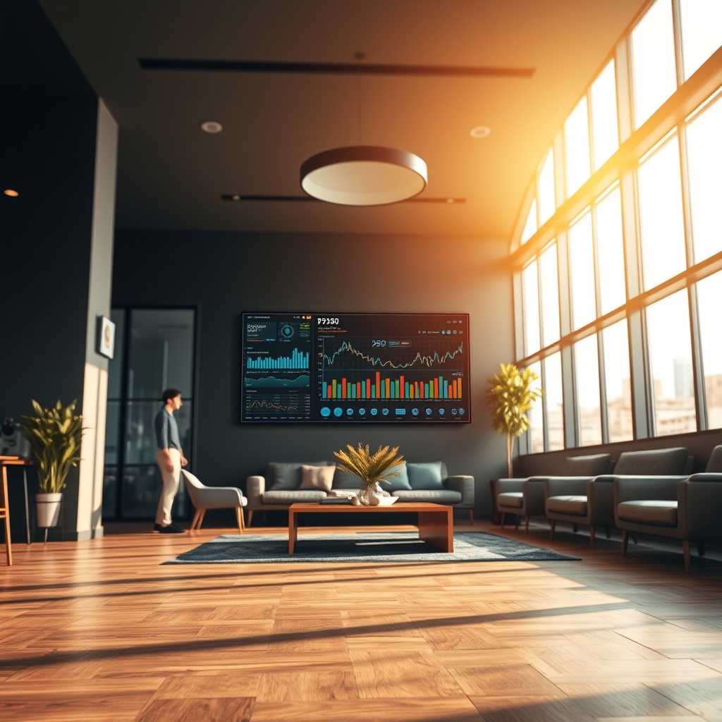 Голографический дисплей с трёхмерными графиками и данными в тёмной комнате