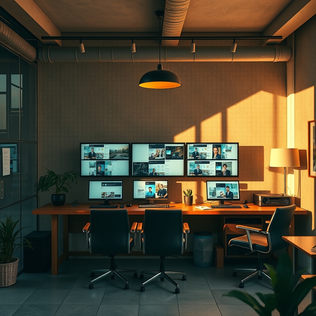 Рабочий стол с множеством открытых приложений на нескольких мониторах