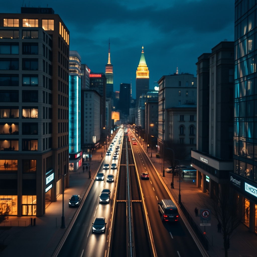 Широкий вид на ночной город с сияющими огнями небоскрёбов и автострад