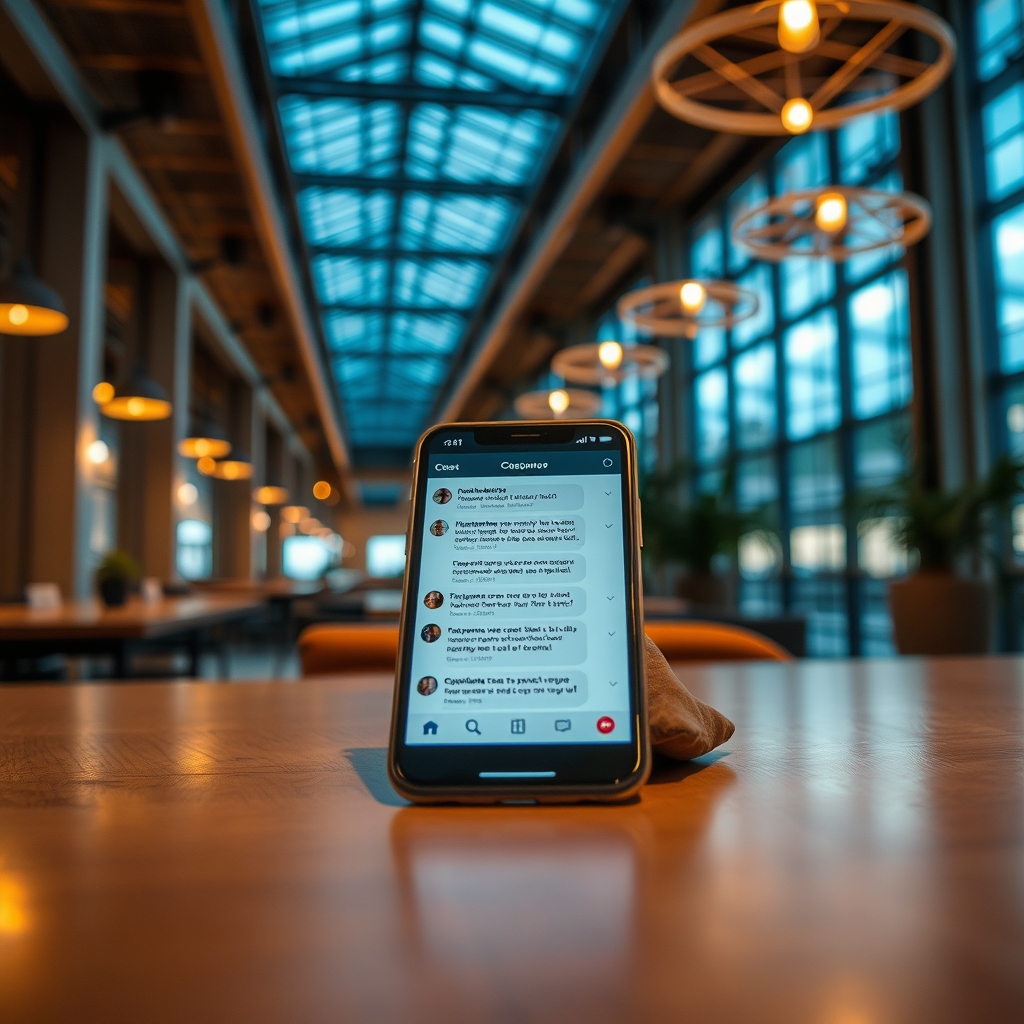 Смартфон с открытым мессенджером и сообщениями на экране, лежащий на столе