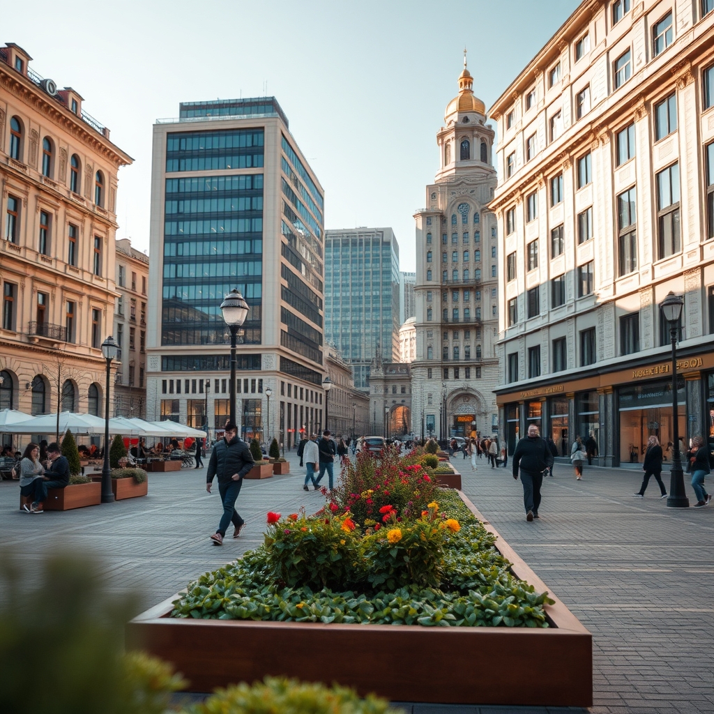 Камера видеонаблюдения на фоне городского пейзажа с высотными зданиями