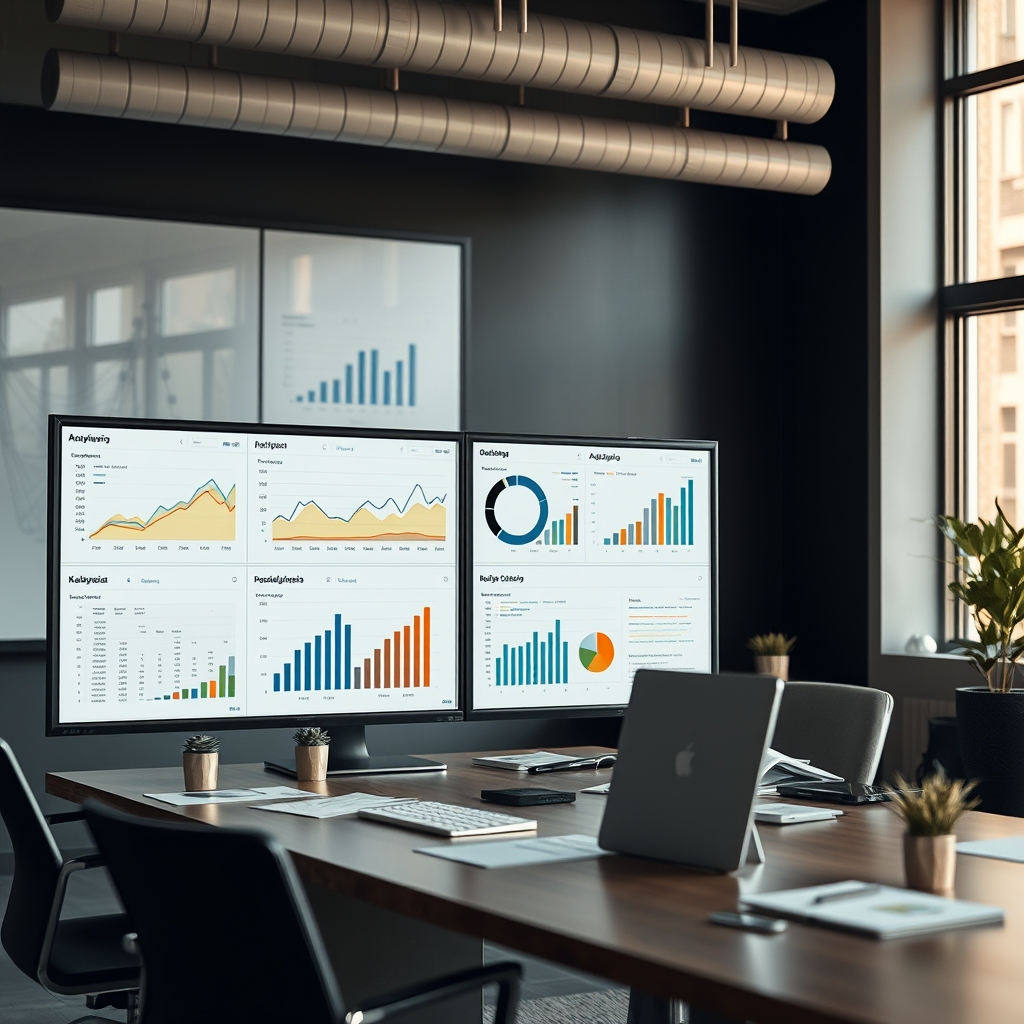 Большой монитор с графиками и таблицами аналитики данных в тёмном офисе