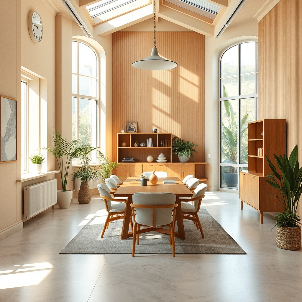 Светлый минималистичный офис с деревянной мебелью и зелёными растениями