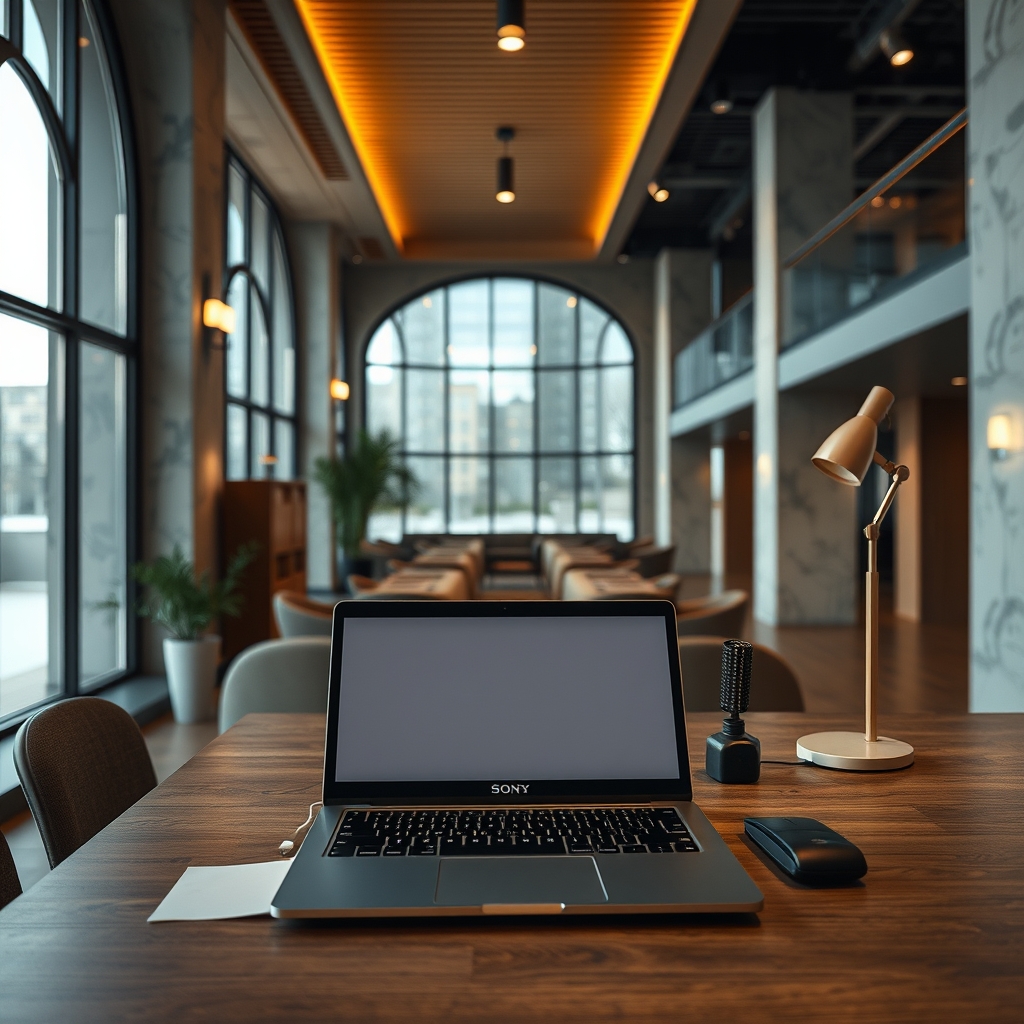 Чистый белый стол с раскрытым ноутбуком и блокнотом с заметками рядом