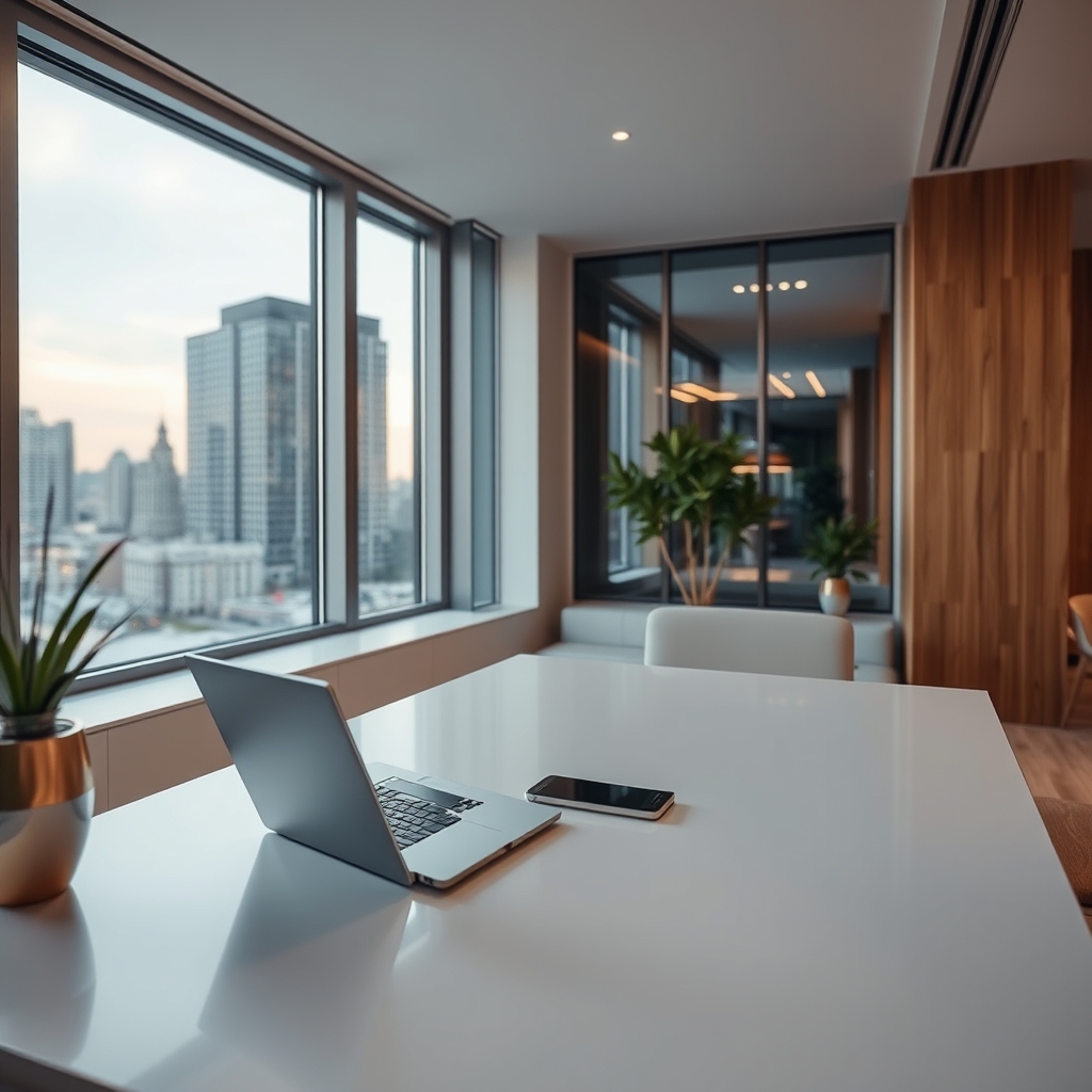 Чистый современный офис с открытым ноутбуком и видом на город из окна