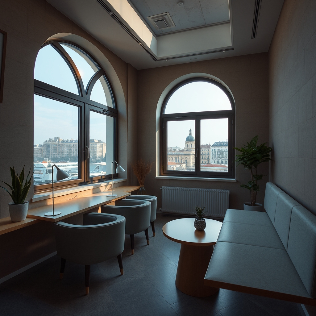 Переговорная комната с панорамными окнами и видом на городской горизонт