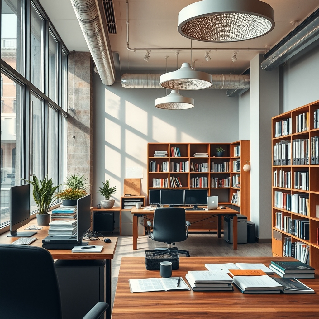 Деревянный книжный стеллаж с технической литературой в офисе