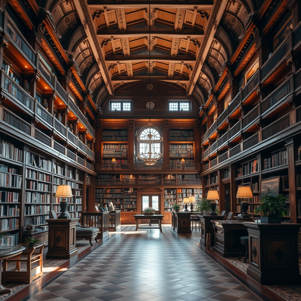 Библиотека с высокими деревянными полками и читальным залом