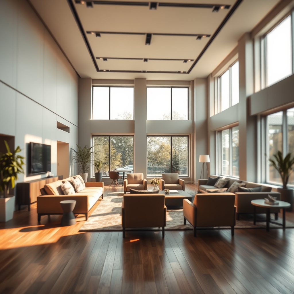 Конференц-зал с панорамными окнами и современной мебелью